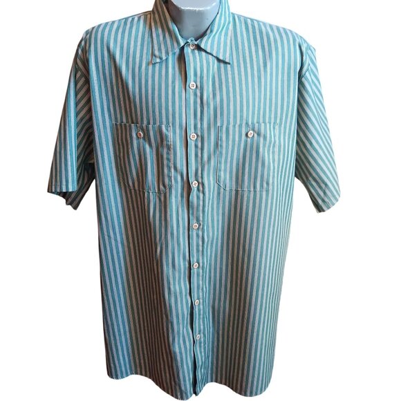2XL Vintage Men's Work Shirt Red Kap Green Stripes Mechanic 1990's Honduras - Picture 2 of 5